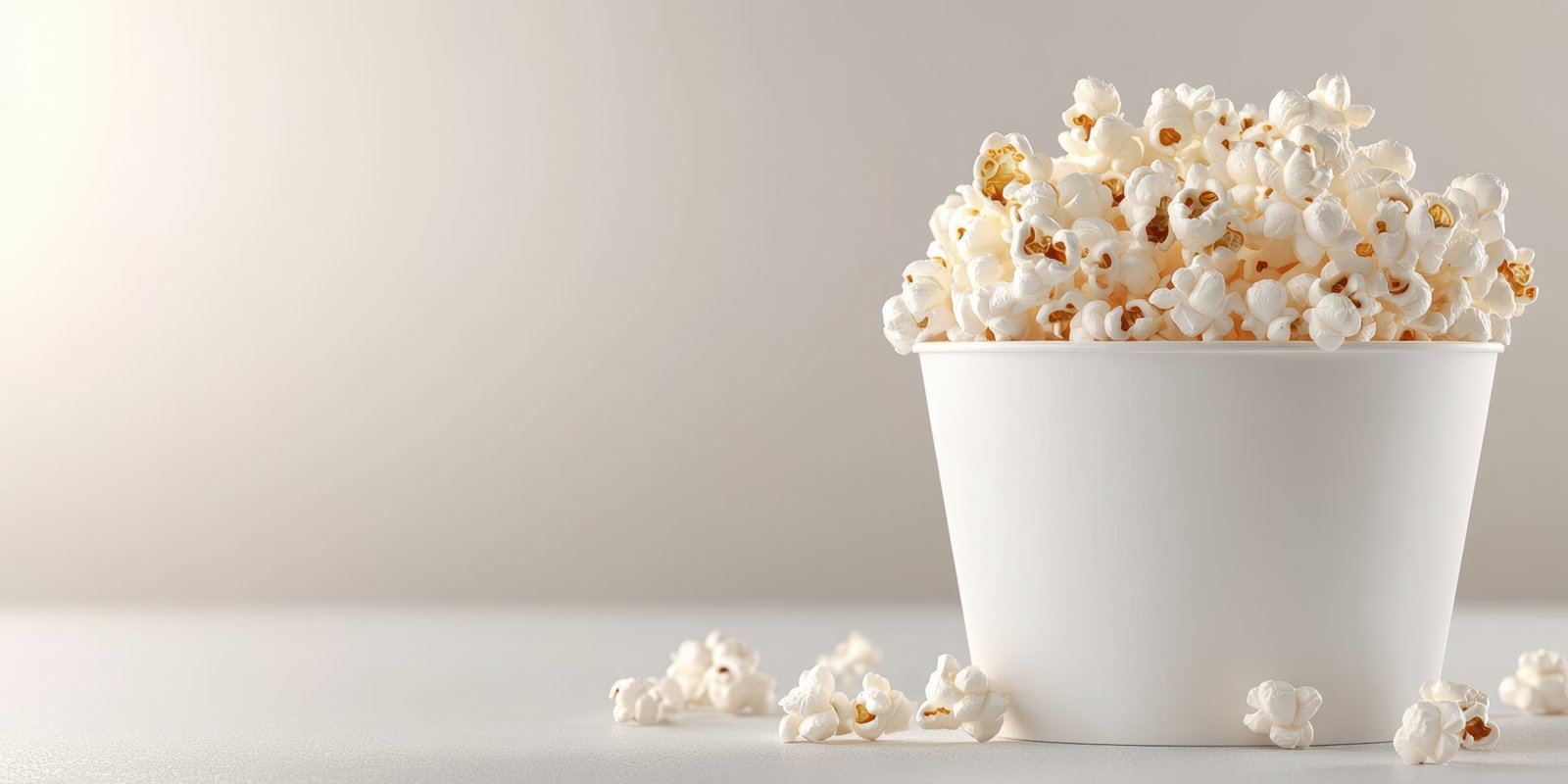 Deliciously fresh popcorn served in a white container against a simple background for snack lovers